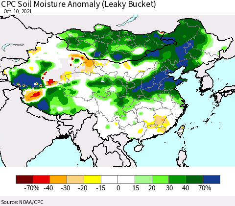 China, Mongolia and Taiwan CPC Soil Moisture Anomaly (Leaky Bucket) Thematic Map For 10/6/2021 - 10/10/2021
