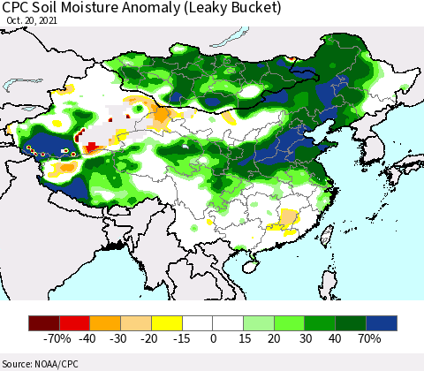 China, Mongolia and Taiwan CPC Soil Moisture Anomaly (Leaky Bucket) Thematic Map For 10/16/2021 - 10/20/2021
