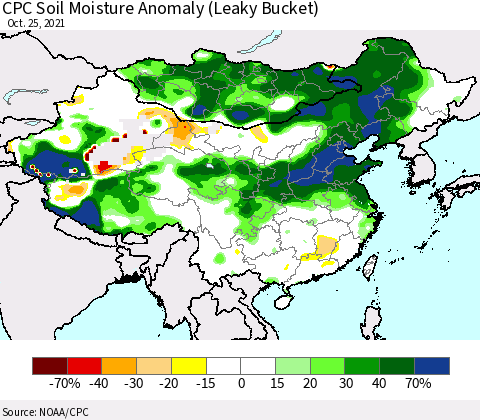 China, Mongolia and Taiwan CPC Soil Moisture Anomaly (Leaky Bucket) Thematic Map For 10/21/2021 - 10/25/2021