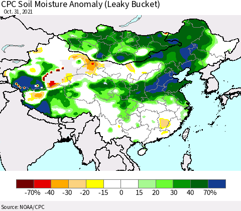 China, Mongolia and Taiwan CPC Soil Moisture Anomaly (Leaky Bucket) Thematic Map For 10/26/2021 - 10/31/2021