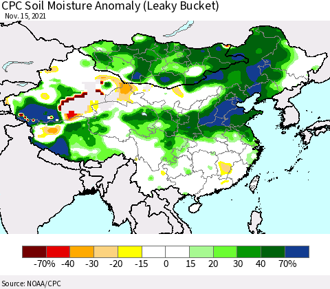 China, Mongolia and Taiwan CPC Soil Moisture Anomaly (Leaky Bucket) Thematic Map For 11/11/2021 - 11/15/2021