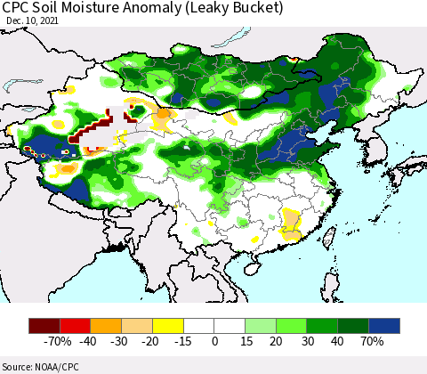 China, Mongolia and Taiwan CPC Soil Moisture Anomaly (Leaky Bucket) Thematic Map For 12/6/2021 - 12/10/2021