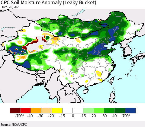 China, Mongolia and Taiwan CPC Soil Moisture Anomaly (Leaky Bucket) Thematic Map For 12/16/2021 - 12/20/2021