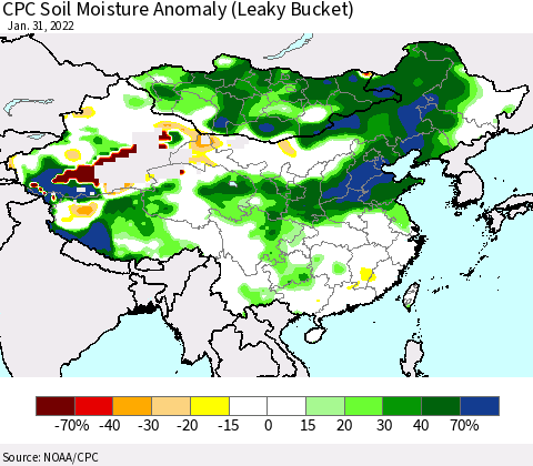 China, Mongolia and Taiwan CPC Soil Moisture Anomaly (Leaky Bucket) Thematic Map For 1/26/2022 - 1/31/2022