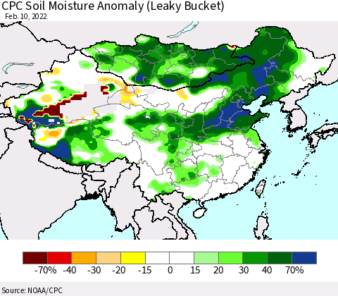 China, Mongolia and Taiwan CPC Soil Moisture Anomaly (Leaky Bucket) Thematic Map For 2/6/2022 - 2/10/2022