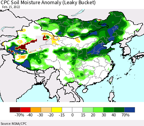 China, Mongolia and Taiwan CPC Soil Moisture Anomaly (Leaky Bucket) Thematic Map For 2/11/2022 - 2/15/2022
