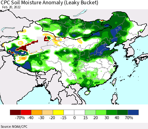 China, Mongolia and Taiwan CPC Soil Moisture Anomaly (Leaky Bucket) Thematic Map For 2/16/2022 - 2/20/2022