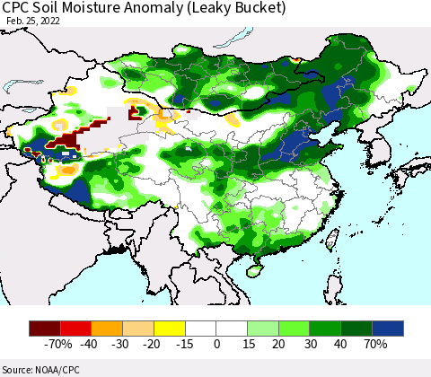 China, Mongolia and Taiwan CPC Soil Moisture Anomaly (Leaky Bucket) Thematic Map For 2/21/2022 - 2/25/2022