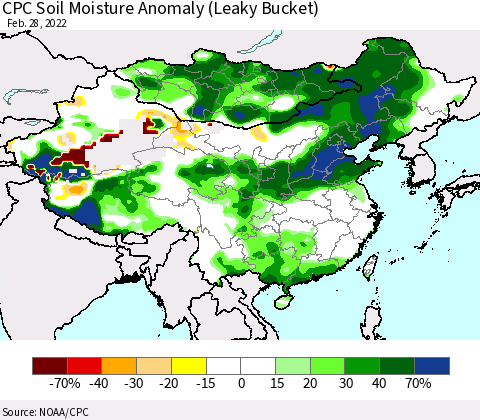China, Mongolia and Taiwan CPC Soil Moisture Anomaly (Leaky Bucket) Thematic Map For 2/26/2022 - 2/28/2022