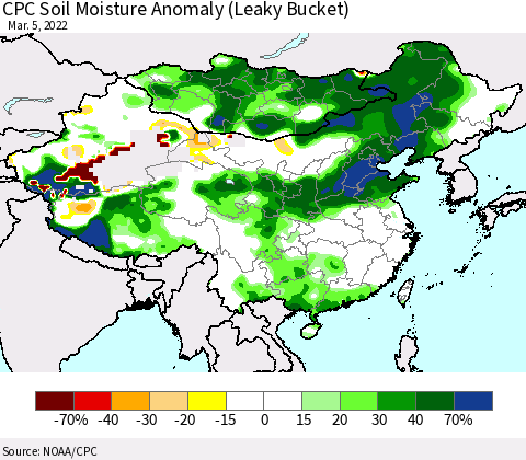 China, Mongolia and Taiwan CPC Soil Moisture Anomaly (Leaky Bucket) Thematic Map For 3/1/2022 - 3/5/2022