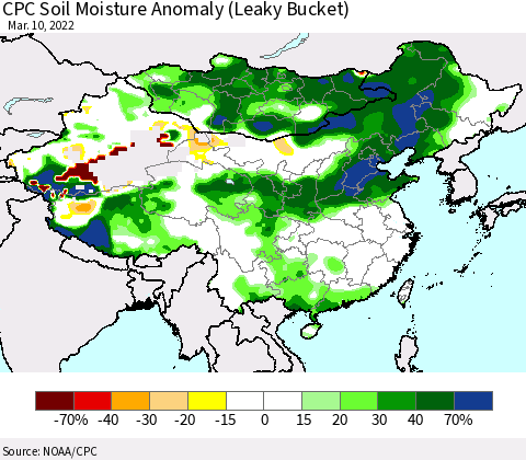 China, Mongolia and Taiwan CPC Soil Moisture Anomaly (Leaky Bucket) Thematic Map For 3/6/2022 - 3/10/2022