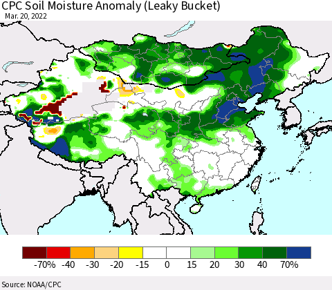 China, Mongolia and Taiwan CPC Soil Moisture Anomaly (Leaky Bucket) Thematic Map For 3/16/2022 - 3/20/2022
