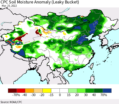 China, Mongolia and Taiwan CPC Soil Moisture Anomaly (Leaky Bucket) Thematic Map For 3/21/2022 - 3/25/2022