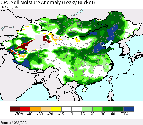 China, Mongolia and Taiwan CPC Soil Moisture Anomaly (Leaky Bucket) Thematic Map For 3/26/2022 - 3/31/2022