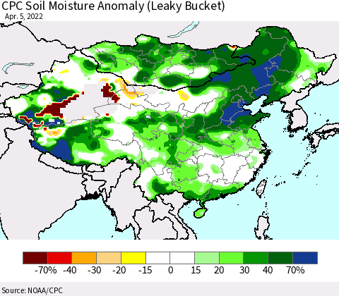 China, Mongolia and Taiwan CPC Soil Moisture Anomaly (Leaky Bucket) Thematic Map For 4/1/2022 - 4/5/2022