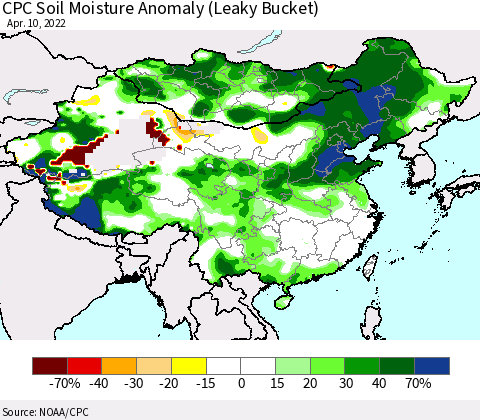 China, Mongolia and Taiwan CPC Soil Moisture Anomaly (Leaky Bucket) Thematic Map For 4/6/2022 - 4/10/2022