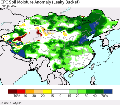 China, Mongolia and Taiwan CPC Soil Moisture Anomaly (Leaky Bucket) Thematic Map For 4/11/2022 - 4/15/2022