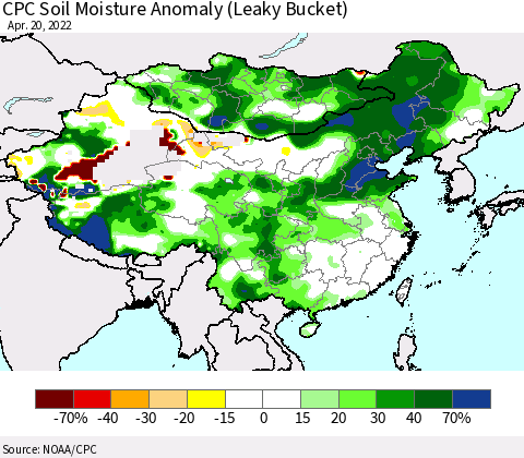 China, Mongolia and Taiwan CPC Soil Moisture Anomaly (Leaky Bucket) Thematic Map For 4/16/2022 - 4/20/2022