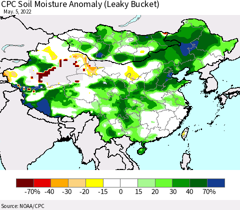 China, Mongolia and Taiwan CPC Soil Moisture Anomaly (Leaky Bucket) Thematic Map For 5/1/2022 - 5/5/2022