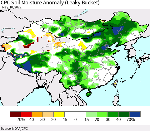 China, Mongolia and Taiwan CPC Soil Moisture Anomaly (Leaky Bucket) Thematic Map For 5/6/2022 - 5/10/2022