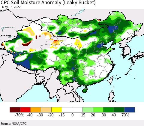 China, Mongolia and Taiwan CPC Soil Moisture Anomaly (Leaky Bucket) Thematic Map For 5/11/2022 - 5/15/2022