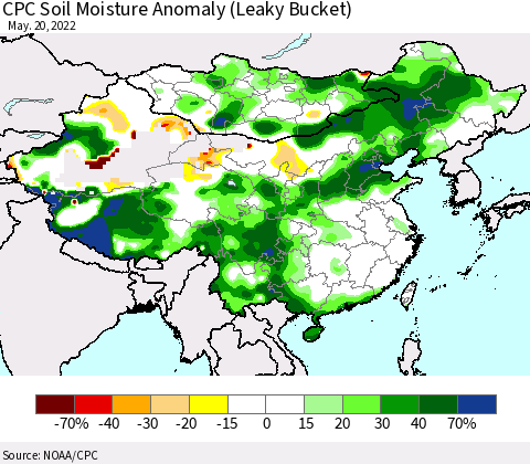 China, Mongolia and Taiwan CPC Soil Moisture Anomaly (Leaky Bucket) Thematic Map For 5/16/2022 - 5/20/2022