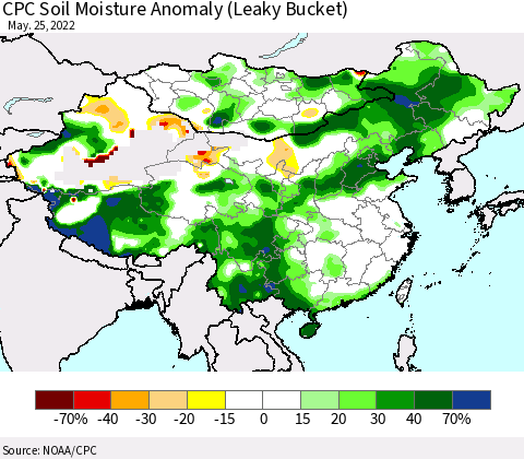 China, Mongolia and Taiwan CPC Soil Moisture Anomaly (Leaky Bucket) Thematic Map For 5/21/2022 - 5/25/2022