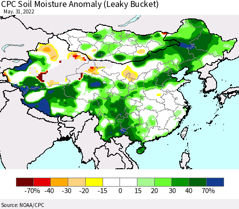 China, Mongolia and Taiwan CPC Soil Moisture Anomaly (Leaky Bucket) Thematic Map For 5/26/2022 - 5/31/2022