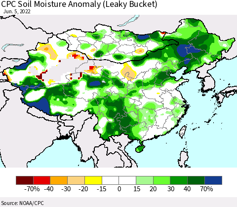 China, Mongolia and Taiwan CPC Soil Moisture Anomaly (Leaky Bucket) Thematic Map For 6/1/2022 - 6/5/2022