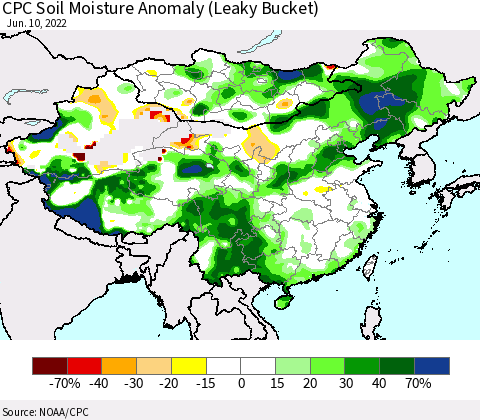 China, Mongolia and Taiwan CPC Soil Moisture Anomaly (Leaky Bucket) Thematic Map For 6/6/2022 - 6/10/2022