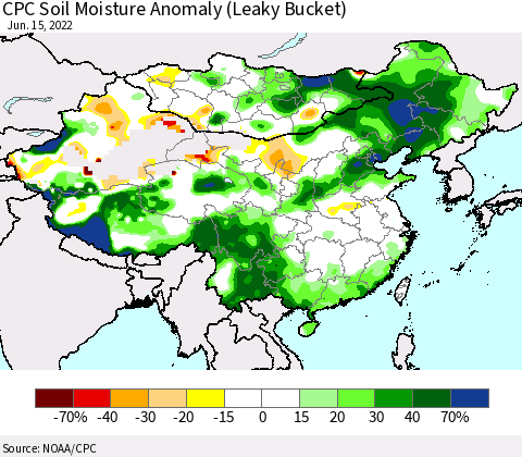 China, Mongolia and Taiwan CPC Soil Moisture Anomaly (Leaky Bucket) Thematic Map For 6/11/2022 - 6/15/2022