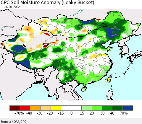 China, Mongolia and Taiwan CPC Soil Moisture Anomaly (Leaky Bucket) Thematic Map For 6/16/2022 - 6/20/2022