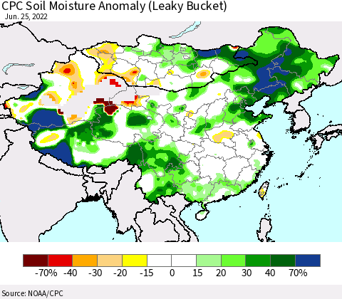 China, Mongolia and Taiwan CPC Soil Moisture Anomaly (Leaky Bucket) Thematic Map For 6/21/2022 - 6/25/2022