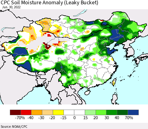China, Mongolia and Taiwan CPC Soil Moisture Anomaly (Leaky Bucket) Thematic Map For 6/26/2022 - 6/30/2022