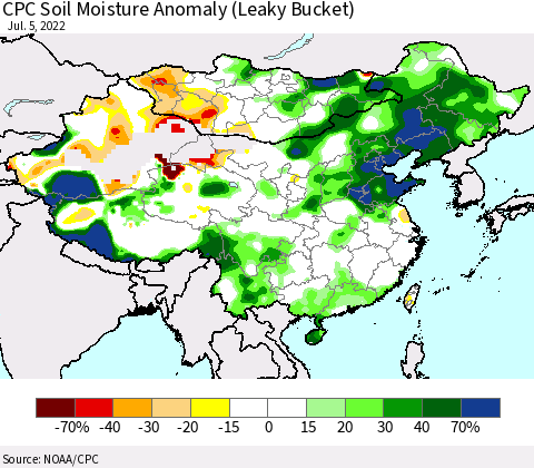 China, Mongolia and Taiwan CPC Soil Moisture Anomaly (Leaky Bucket) Thematic Map For 7/1/2022 - 7/5/2022