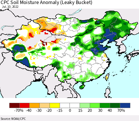 China, Mongolia and Taiwan CPC Soil Moisture Anomaly (Leaky Bucket) Thematic Map For 7/6/2022 - 7/10/2022