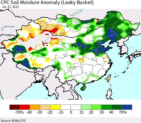 China, Mongolia and Taiwan CPC Soil Moisture Anomaly (Leaky Bucket) Thematic Map For 7/11/2022 - 7/15/2022