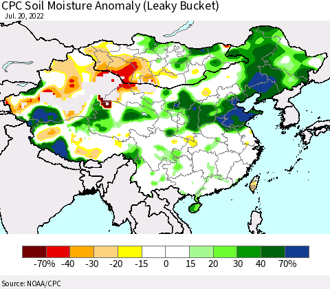 China, Mongolia and Taiwan CPC Soil Moisture Anomaly (Leaky Bucket) Thematic Map For 7/16/2022 - 7/20/2022
