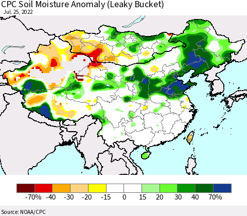 China, Mongolia and Taiwan CPC Soil Moisture Anomaly (Leaky Bucket) Thematic Map For 7/21/2022 - 7/25/2022