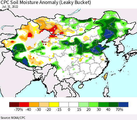 China, Mongolia and Taiwan CPC Soil Moisture Anomaly (Leaky Bucket) Thematic Map For 7/26/2022 - 7/31/2022