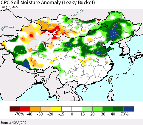 China, Mongolia and Taiwan CPC Soil Moisture Anomaly (Leaky Bucket) Thematic Map For 8/1/2022 - 8/5/2022