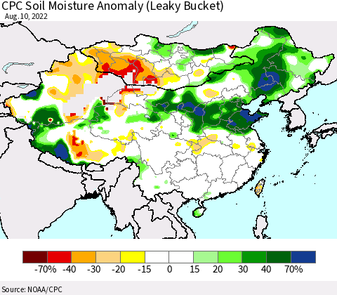 China, Mongolia and Taiwan CPC Soil Moisture Anomaly (Leaky Bucket) Thematic Map For 8/6/2022 - 8/10/2022
