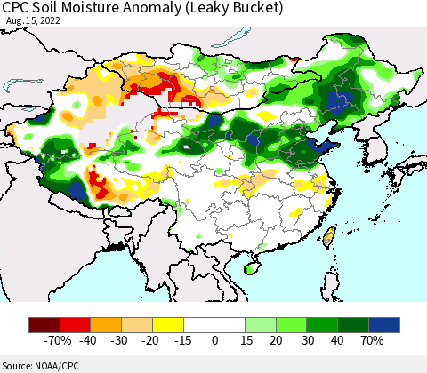 China, Mongolia and Taiwan CPC Soil Moisture Anomaly (Leaky Bucket) Thematic Map For 8/11/2022 - 8/15/2022