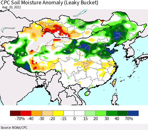 China, Mongolia and Taiwan CPC Soil Moisture Anomaly (Leaky Bucket) Thematic Map For 8/16/2022 - 8/20/2022