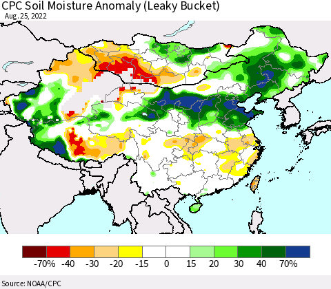 China, Mongolia and Taiwan CPC Soil Moisture Anomaly (Leaky Bucket) Thematic Map For 8/21/2022 - 8/25/2022