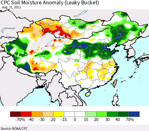 China, Mongolia and Taiwan CPC Soil Moisture Anomaly (Leaky Bucket) Thematic Map For 8/26/2022 - 8/31/2022