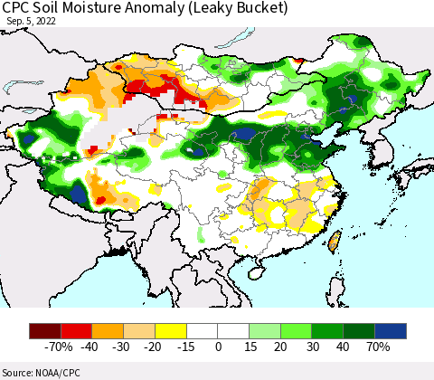 China, Mongolia and Taiwan CPC Soil Moisture Anomaly (Leaky Bucket) Thematic Map For 9/1/2022 - 9/5/2022