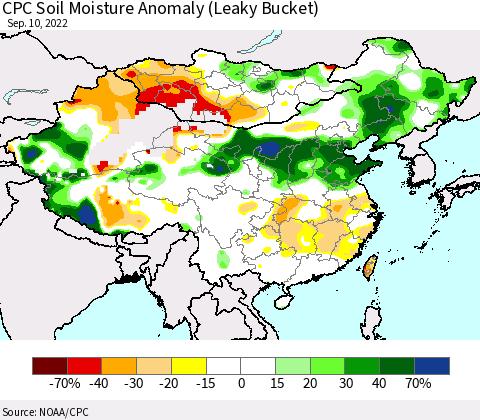 China, Mongolia and Taiwan CPC Soil Moisture Anomaly (Leaky Bucket) Thematic Map For 9/6/2022 - 9/10/2022