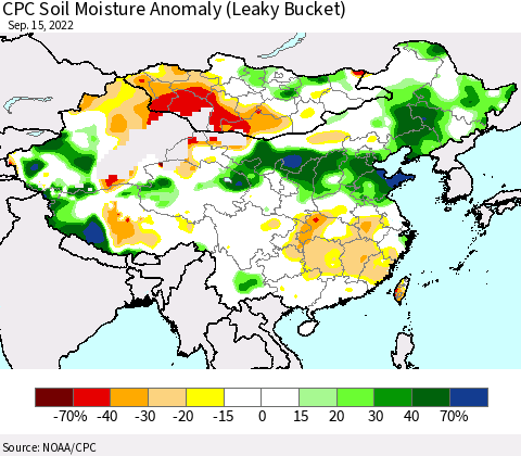 China, Mongolia and Taiwan CPC Soil Moisture Anomaly (Leaky Bucket) Thematic Map For 9/11/2022 - 9/15/2022