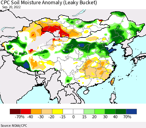 China, Mongolia and Taiwan CPC Soil Moisture Anomaly (Leaky Bucket) Thematic Map For 9/16/2022 - 9/20/2022
